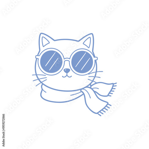 Cool cat, cartoon feline, blue line art, sunglasses and scarf, vector illustration