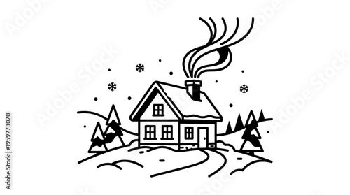 winter night cottage in snowy forest with trees and cozy village scene