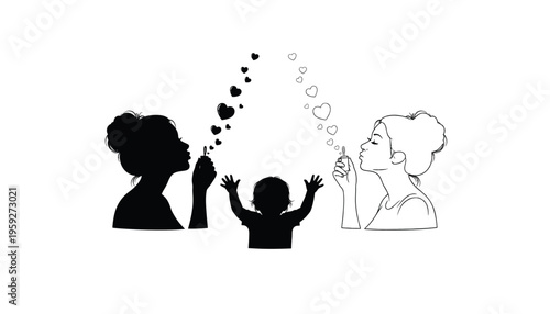 Professional Silhouette Vector Illustration of a Mother Blowing Heart Shaped Bubbles for a Young Child Celebrating Maternal Love