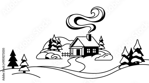 A cozy winter scene with a house, smoke from chimney, snow-covered hills, and evergreen trees.