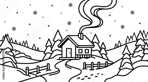 Line art illustration of a cozy winter cabin nestled in a snowy landscape with pine trees and smoke rising from the chimney.