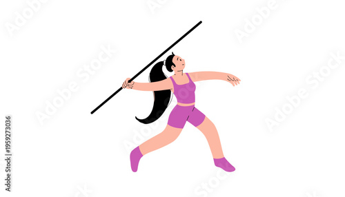 A female athlete in purple sportswear throwing a javelin in a dynamic pose