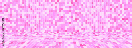 Pool tile with floor-to-wall horizon small square mosaic in various shades of light pink