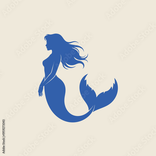 Blue mermaid silhouette, mythical sea creature, ocean fantasy, vector icon