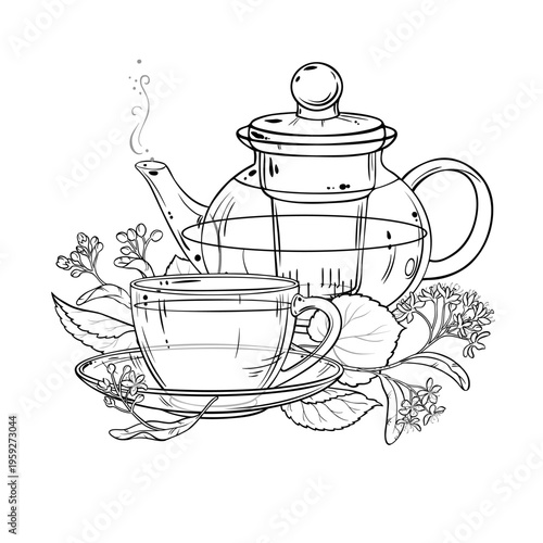 Linden Tea in Teapot aroma beverage Outline Illustration. Vector isolated for Design and Decoration for Cafeteria, Posters, Banners, Cards.