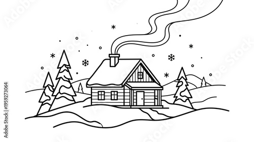 Line art drawing of a cozy winter cabin with smoke rising from the chimney, surrounded by snow-covered trees and falling snowflakes.