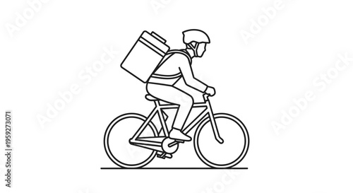 Delivery cyclist with backpack on bicycle, line art, fast service