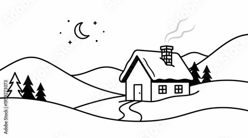 A simple black and white drawing of a cozy house nestled in a snowy winter landscape under a starry night sky with a crescent moon.
