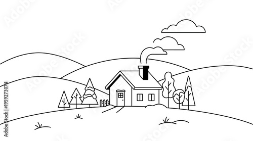 Simple line art drawing of a cozy house with smoke rising from its chimney, nestled among rolling hills and trees under a cloudy sky, depicting a peaceful rural scene.