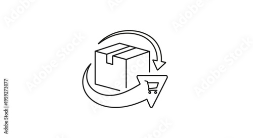 Delivery Box with Shopping Cart Icon and Circular Arrows, E-commerce Logistics Concept