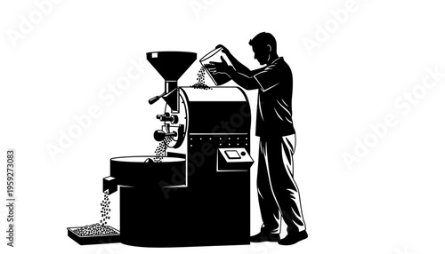 Coffee machine silhouette with a man grinding beans for brewing