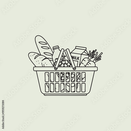 Grocery basket, shopping basket, food icons, vector illustration, black and white