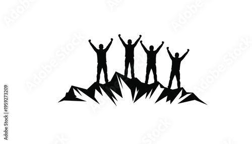 Professional Silhouette Vector Illustration of Four People Celebrating on a Mountain Top for Achievement and Success Branding