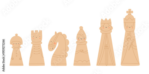 White chess pieces. Vector illustrations in cartoon style. King, queen, rook, bishop, knight and pawn. Chessmen set. Design elements in flat style on white background