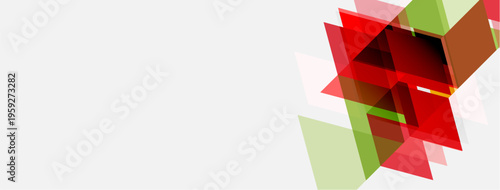 Abstract geometric shapes overlap, creating floral impression. Red, green hues dominate white background. Modern design element.