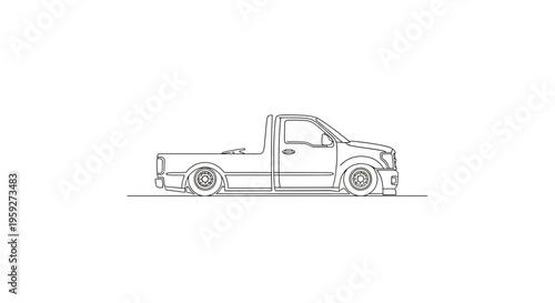 Custom Lowrider Pickup Truck Line Art - Side View Silhouette