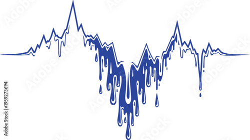 Blue mountain silhouette with melting liquid effect, dripping ice peaks vector illustration, abstract frozen water splash graphic