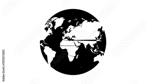 A black and white illustration of the Earth with flight routes