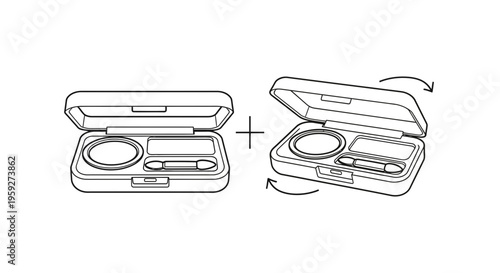 Cosmetic compact with mirror and applicator, open and rotating