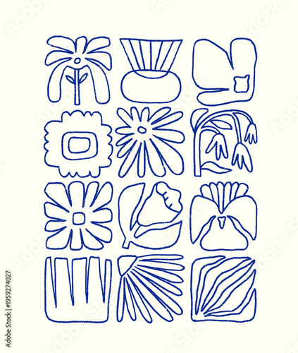 Naive floral posters in doodle style. Abstract nature pattern, outline card d...
