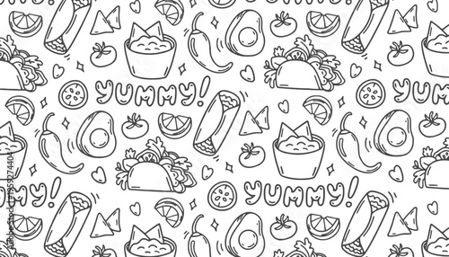 Food illustration with tacos, avocado, and fruit in a yummy pattern