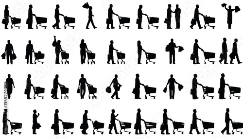 Shopping cart silhouette vector icons of people walking with carts