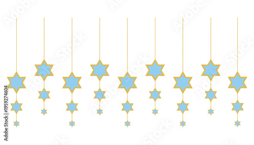 A blue star illustration hanging from a string with gold outline