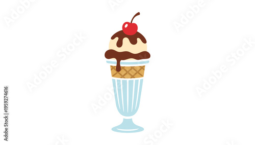 An ice cream sundae illustration with a cherry on top in a glass