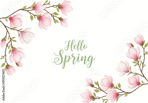 Delicate pink magnolia blossoms adorning branches with a 'Hello Spring' greeting, perfect for seasonal decor