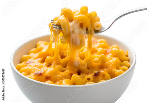 Macaroni and cheese with a fork isolated on transparent background