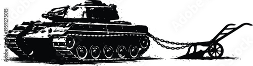Military tank pulling an agricultural plow silhouette illustration