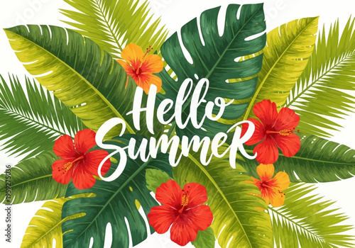 Vibrant Summer Tropical Leaves and Flowers with Hello Summer Text Illustration