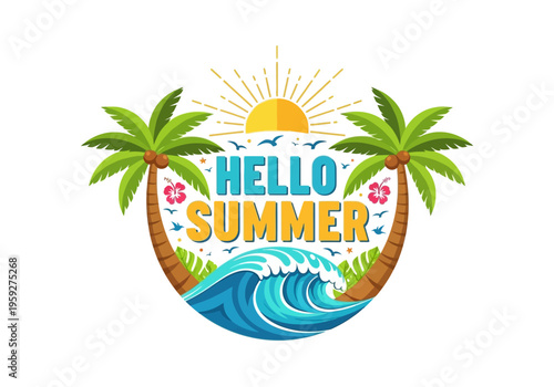Hello Summer vibrant tropical beach scene with palm trees, crashing waves, and a radiant sun, perfect for vacation and warm weather promotions