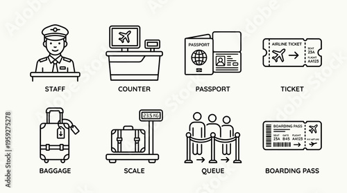 Set of eight air travel and airport process icons including passport, boarding ticket, queue, staff counter, suitcase, baggage scale, check-in desk, and boarding pass, symbolizing flight preparation a