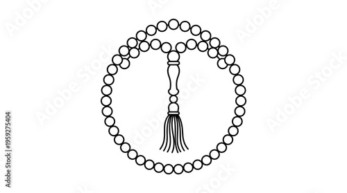 Minimalist prayer beads icon with loop, knot, and tassels, symbolizing spirituality, devotion, and meditation practices across cultures in a clean black-and-white line illustration.