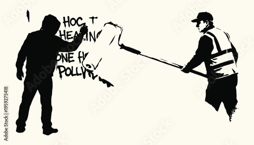 Street artist and painter covering graffiti on white wall stencil art