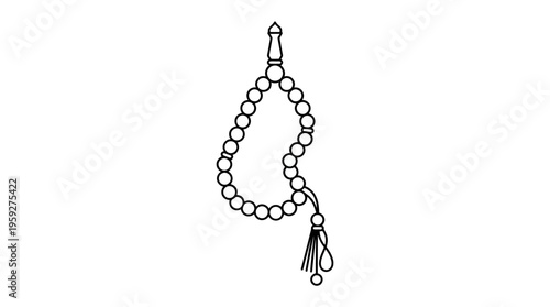 Minimalist prayer beads icon with loop, knot, and tassels, symbolizing spirituality, devotion, and meditation practices across cultures in a clean black-and-white line illustration.