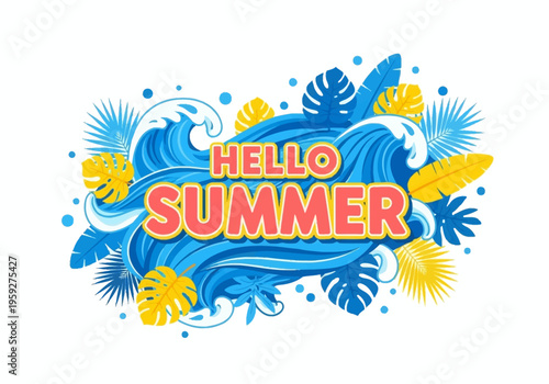 Hello Summer Wave Design with Tropical Leaves and Bubbles - A Vibrant Illustration