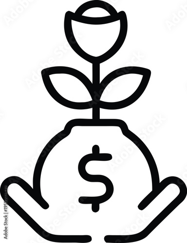 Hands holding a money bag with a growing plant sprouting from it symbolizing financial growth