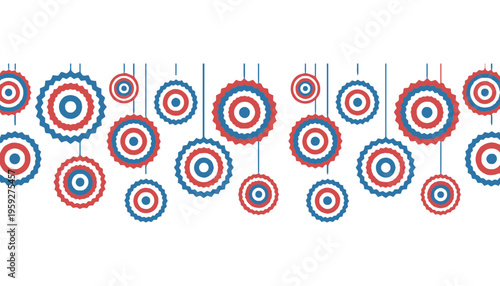 A patriotic banner of red, white, and blue hanging decorations