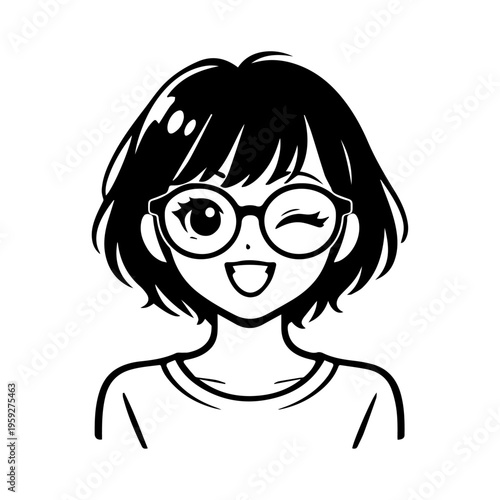 Playful Winking Girl with Short Layered Hair Minimal Line Art Illustration 2