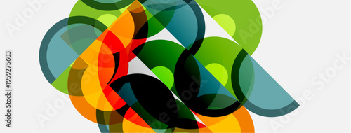 Abstract composition featuring overlapping translucent circles. Vibrant colors blend, creating dynamic visual texture. Modern design element.