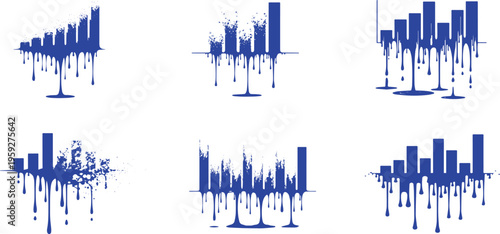 Melting blue bar charts set, financial crisis and market crash icons, dripping liquid data visualization graphics for economic recession
