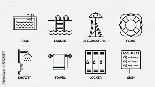 Set of eight swimming pool facility and safety icons including pool, ladder, lifeguard chair, life ring, shower, towels, locker, and safety sign, symbolizing recreation, hygiene, and accident preventi