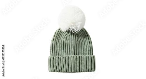 Fotografie A knitted green winter beanie hat with a large white pom pom isolated on a white