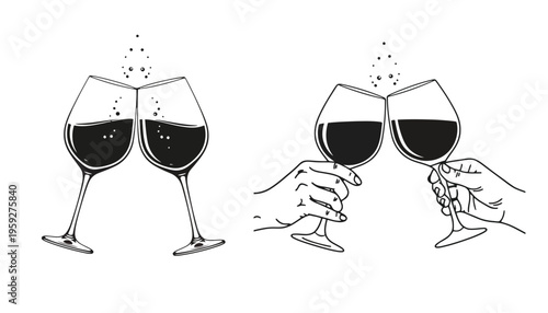 A wine glass vector illustration with hands holding and clinking glasses
