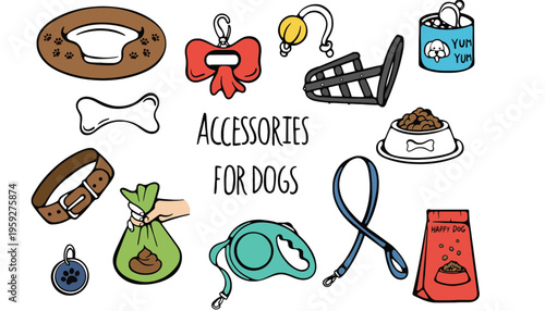 Dog accessories icon set including collars and leashes for pets