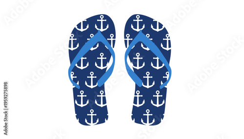 Anchor flip flops with blue straps and white nautical symbols illustration