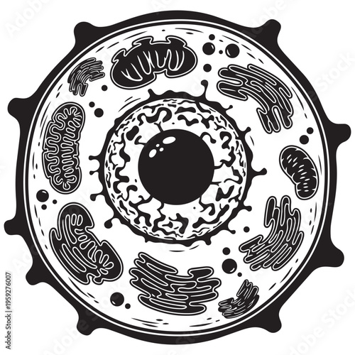Animal cell diagram black and white illustration for biology education isolated on transparent background