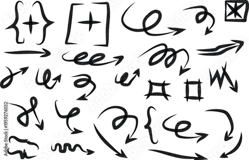 An eclectic set of hand-drawn doodle arrows and whimsical sketch symbols, embodying the concept of dynamic flow and informal communication in creative design